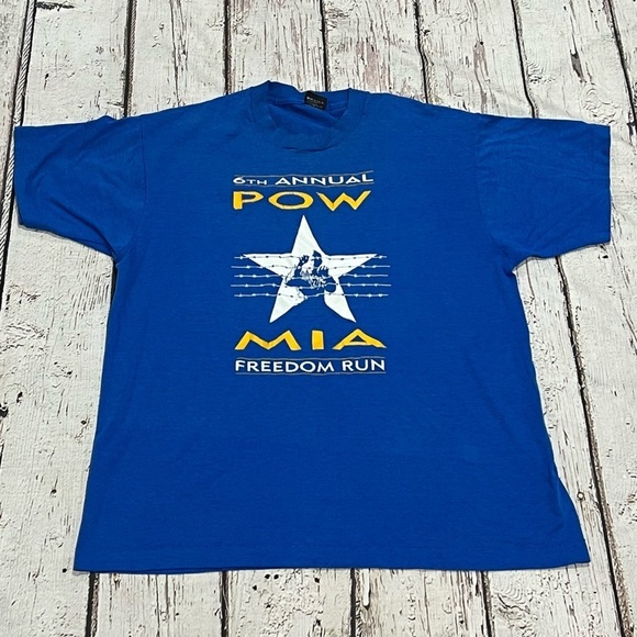 Vintage MIA POW Freedom Run 1990s Blue Graphic Tee Top Shirt - Picture 1 of 8